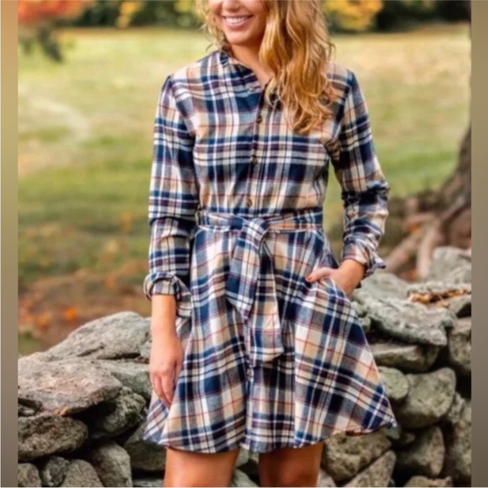 Kiel James Patrick flannel shirt dress with plaid and pockets and belt.